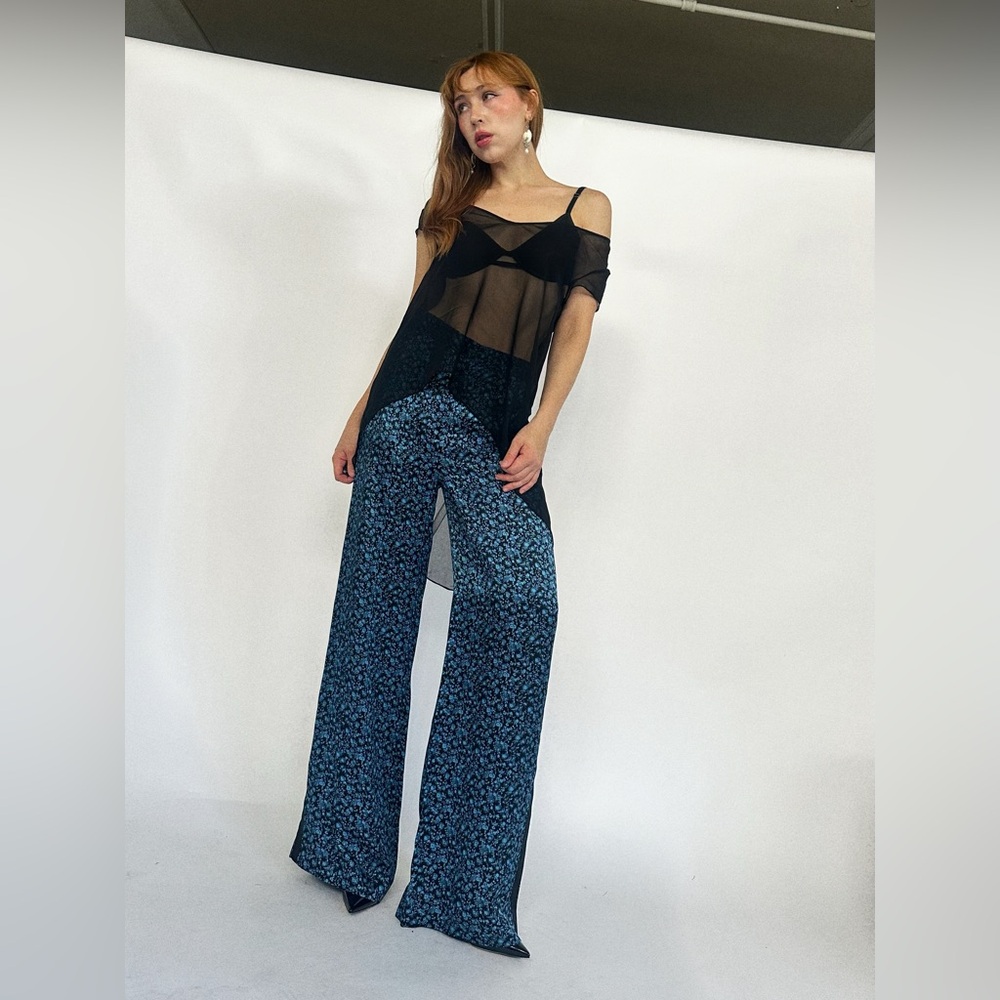 Victoria Beckham Silk Micro Floral Print Wide Leg Pants